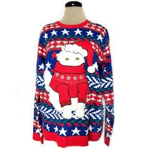 Ugly Christmas Sweater Fuzzy White Cat Santa Hat L